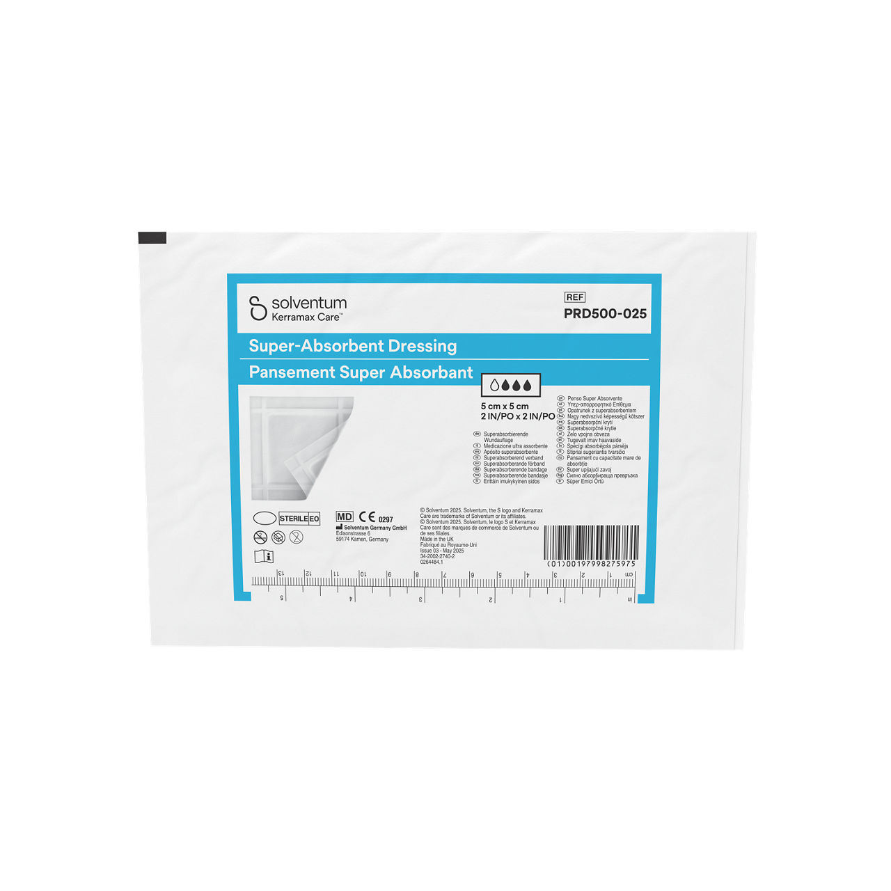 Solventum™ Kerramax Care™ Super-absorbent Dressing, PRD500-025, 2 in x 2 in (5 cm x 5 cm), 10/CAR, 110 CAR/CS, 1100/CS - Front, Center, Out of Packaging (1C0)