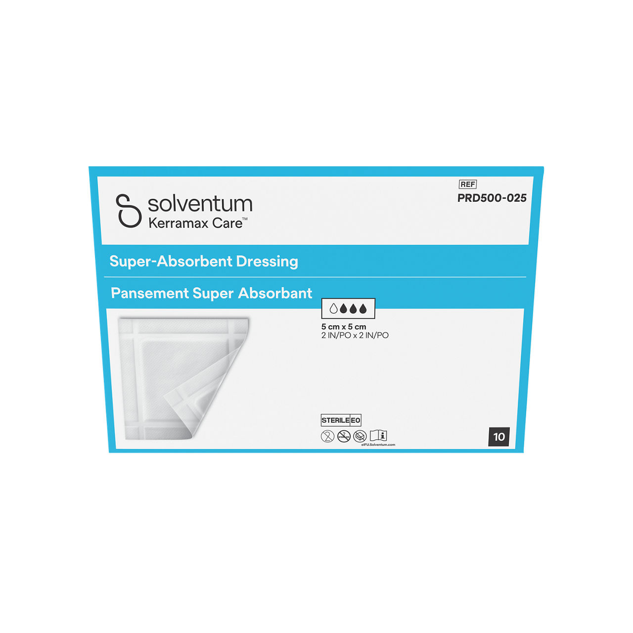 Solventum™ Kerramax Care™ Super-absorbent Dressing, PRD500-025, 2 in x 2 in (5 cm x 5 cm), 10/CAR, 110 CAR/CS, 1100/CS - Front, Center, In Packaging (1C1)