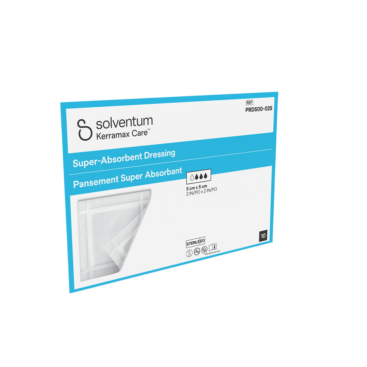Solventum™ Kerramax Care™ Super-absorbent Dressing, PRD500-025, 2 in x 2 in (5 cm x 5 cm), 10/CAR, 110 CAR/CS, 1100/CS - Front, Left, In Packaging (1L1)