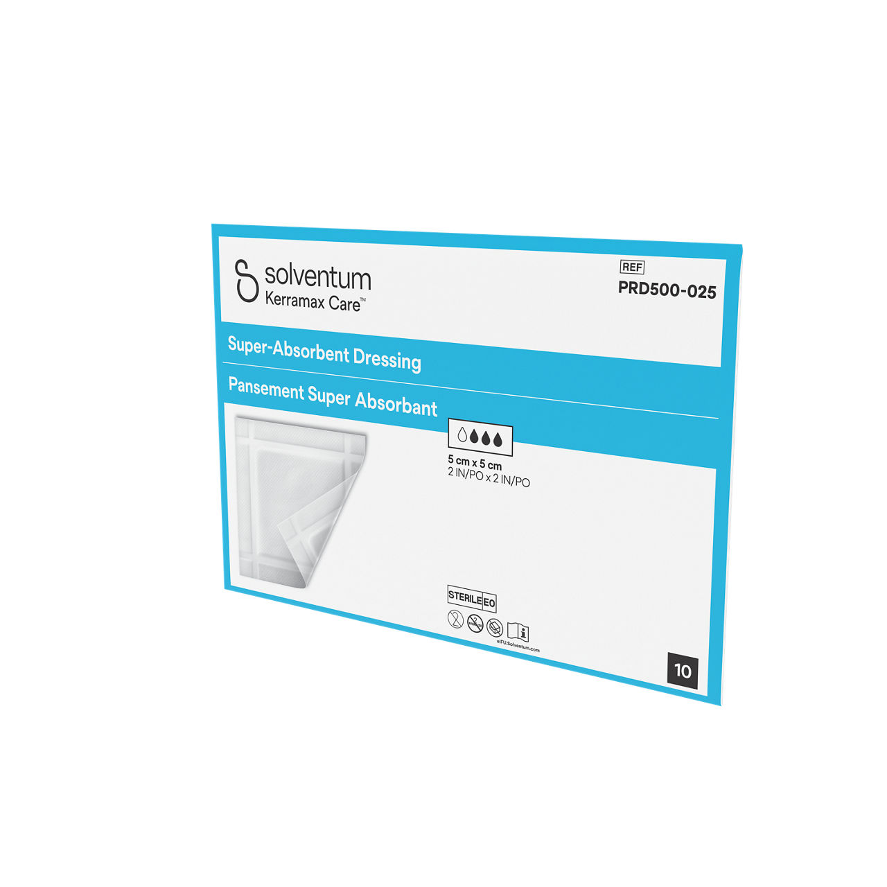 Solventum™ Kerramax Care™ Super-absorbent Dressing, PRD500-025, 2 in x 2 in (5 cm x 5 cm), 10/CAR, 110 CAR/CS, 1100/CS - Front, Right, In Packaging (1R1)
