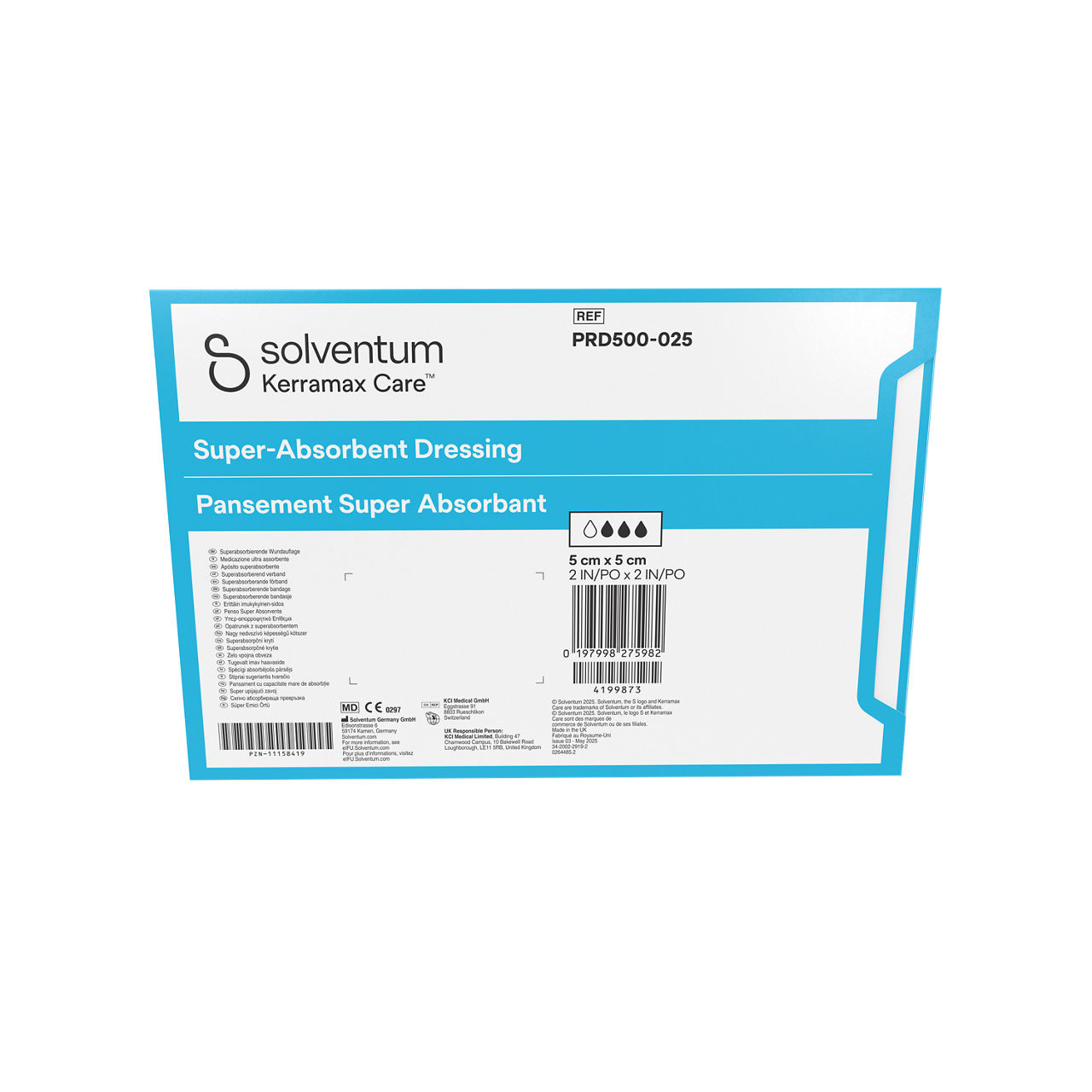 Solventum™ Kerramax Care™ Super-absorbent Dressing, PRD500-025, 2 in x 2 in (5 cm x 5 cm), 10/CAR, 110 CAR/CS, 1100/CS - Back, Center, In Packaging (7C1)