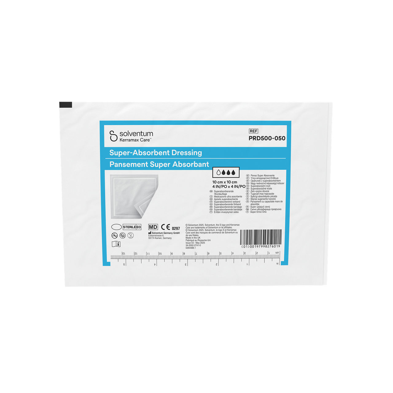 Solventum™ Kerramax Care™ Super-absorbent Dressing, PRD500-050, 4 in x 4 in (10 cm x 10 cm), 10/CAR, 110 CAR/CS, 1100/CS - Front, Center, Out of Packaging (1C0)