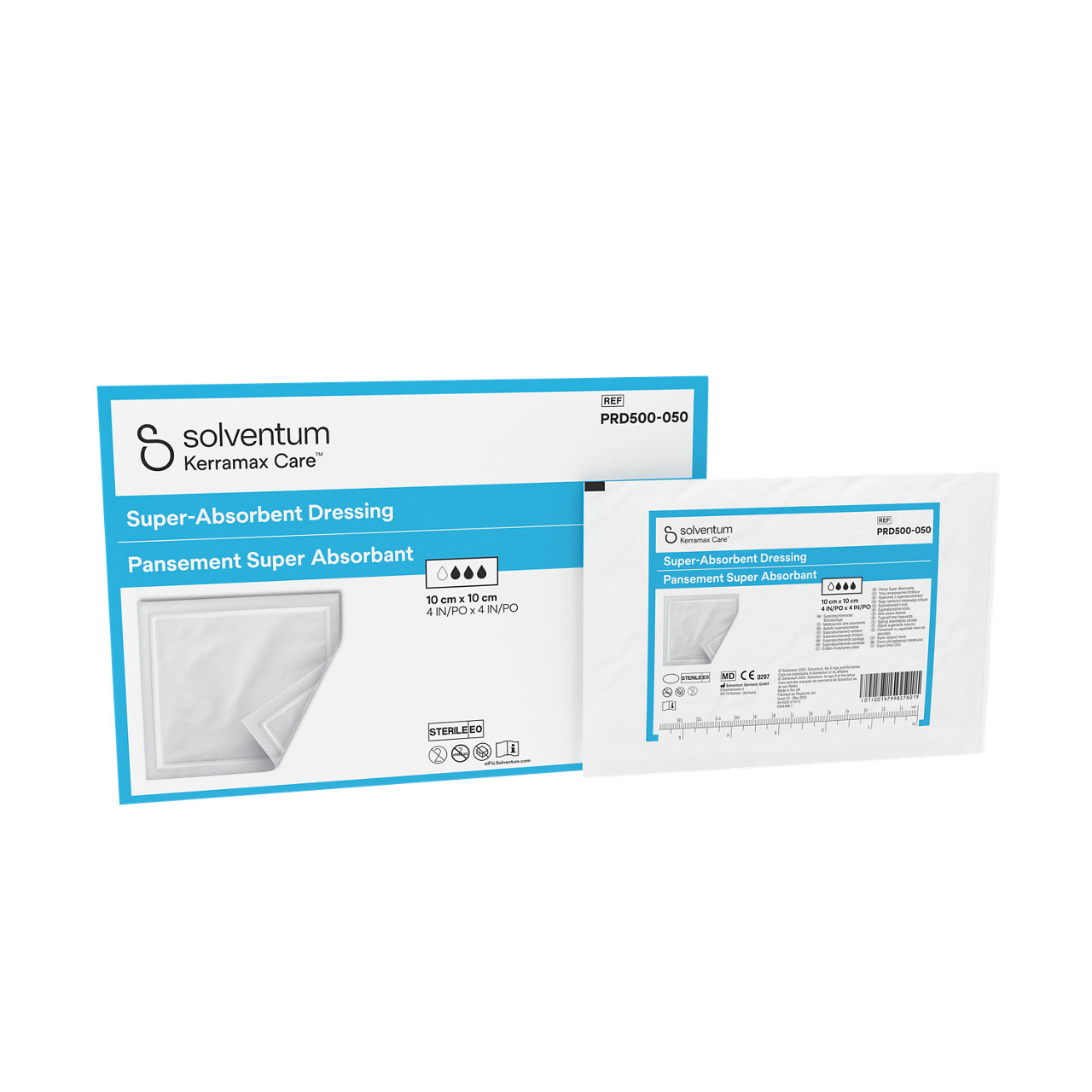 Solventum™ Kerramax Care™ Super-Absorbent Dressing, PRD500-050, 10 cm x 10 cm (4 IN/PO x 4 IN/PO), 10/CAR