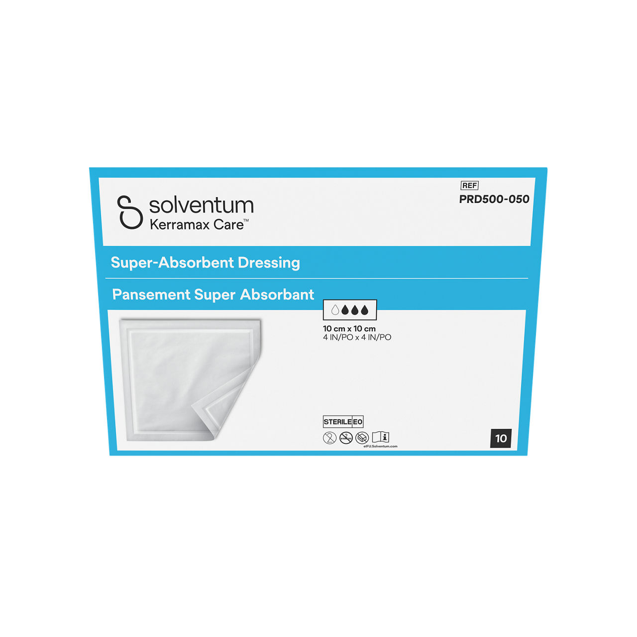 Solventum™ Kerramax Care™ Super-absorbent Dressing, PRD500-050, 4 in x 4 in (10 cm x 10 cm), 10/CAR, 110 CAR/CS, 1100/CS - Front, Center, In Packaging (1C1)