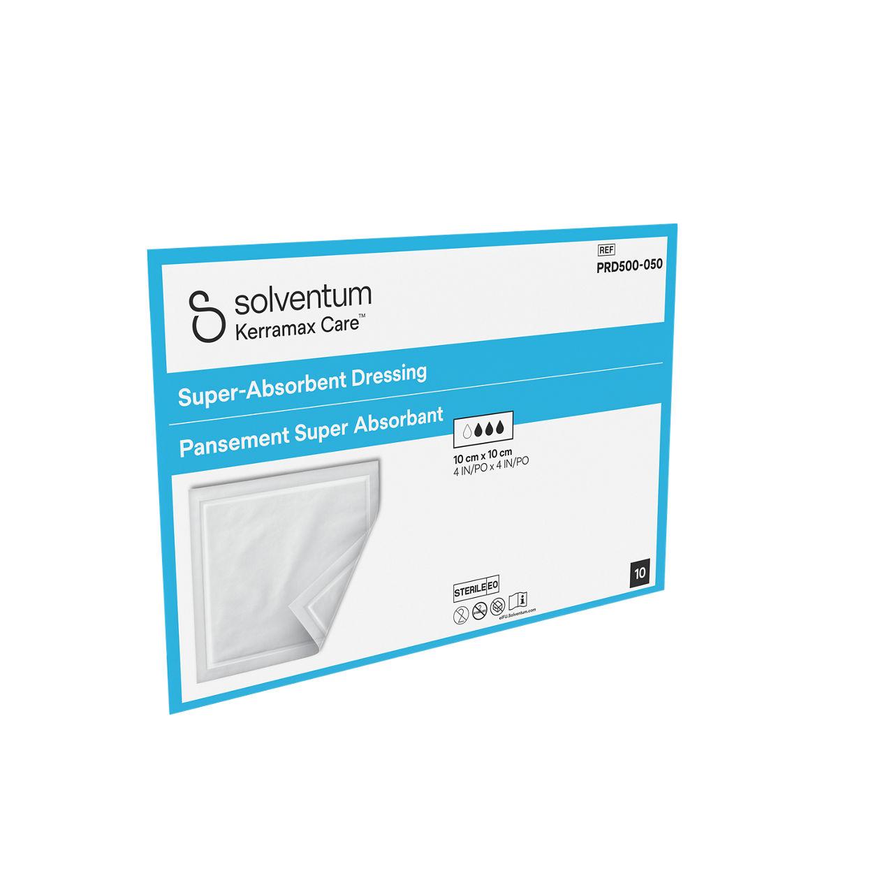 Solventum™ Kerramax Care™ Super-absorbent Dressing, PRD500-050, 4 in x 4 in (10 cm x 10 cm), 10/CAR, 110 CAR/CS, 1100/CS - Front, Left, In Packaging (1L1)