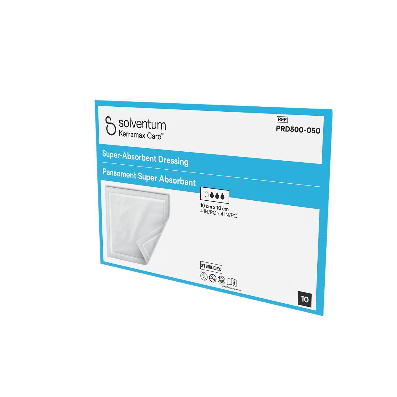 Solventum™ Kerramax Care™ Super-absorbent Dressing, PRD500-050, 4 in x 4 in (10 cm x 10 cm), 10/CAR, 110 CAR/CS, 1100/CS - Front, Right, In Packaging (1R1)