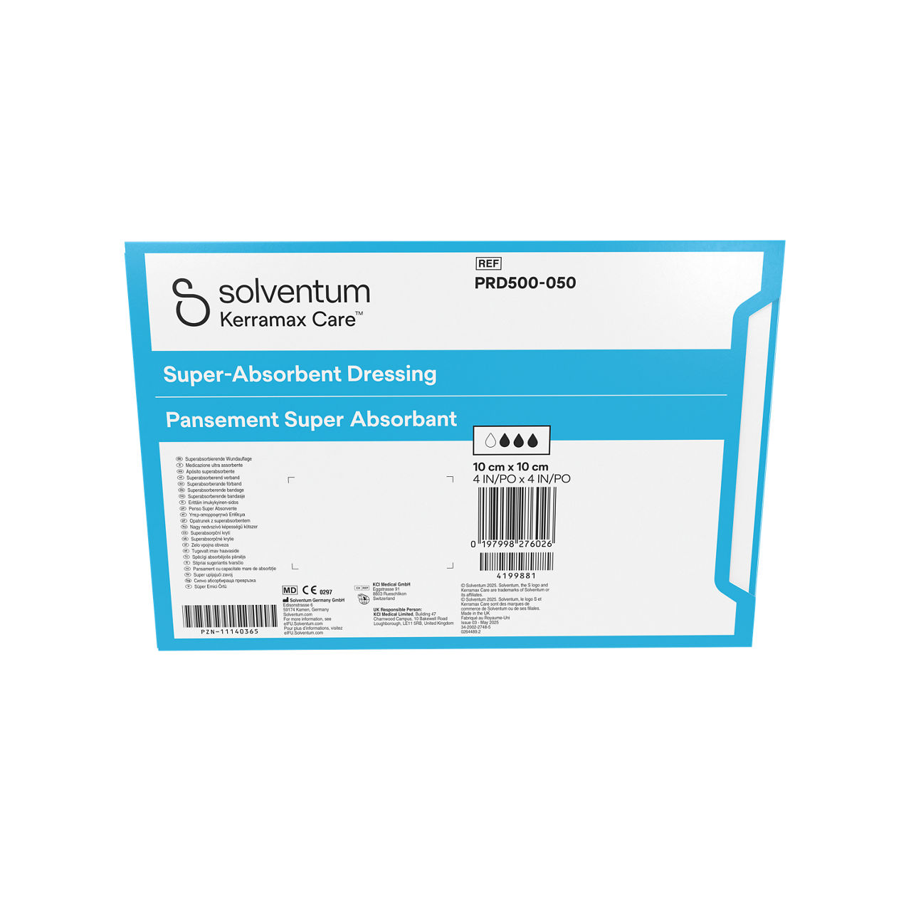 Solventum™ Kerramax Care™ Super-absorbent Dressing, PRD500-050, 4 in x 4 in (10 cm x 10 cm), 10/CAR, 110 CAR/CS, 1100/CS - Back, Center, In Packaging (7C1)