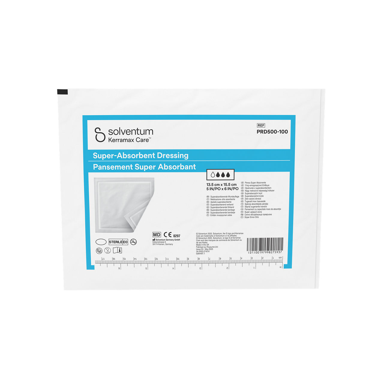 Solventum™ Kerramax Care™ Super-absorbent Dressing, PRD500-100, 5 in x 6 in (13.5 cm x 15.5 cm), 10/CAR, 65 CAR/CS, 650/CS - Front, Center, Out of Packaging (1C0)