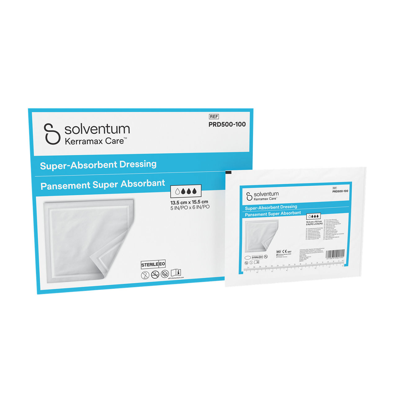 Solventum™ Kerramax Care™ Superabsorberande förband, PRD500-100, 13,5 cm x 15,5 cm (5 IN/PO x 6 IN/PO), 10/CAR