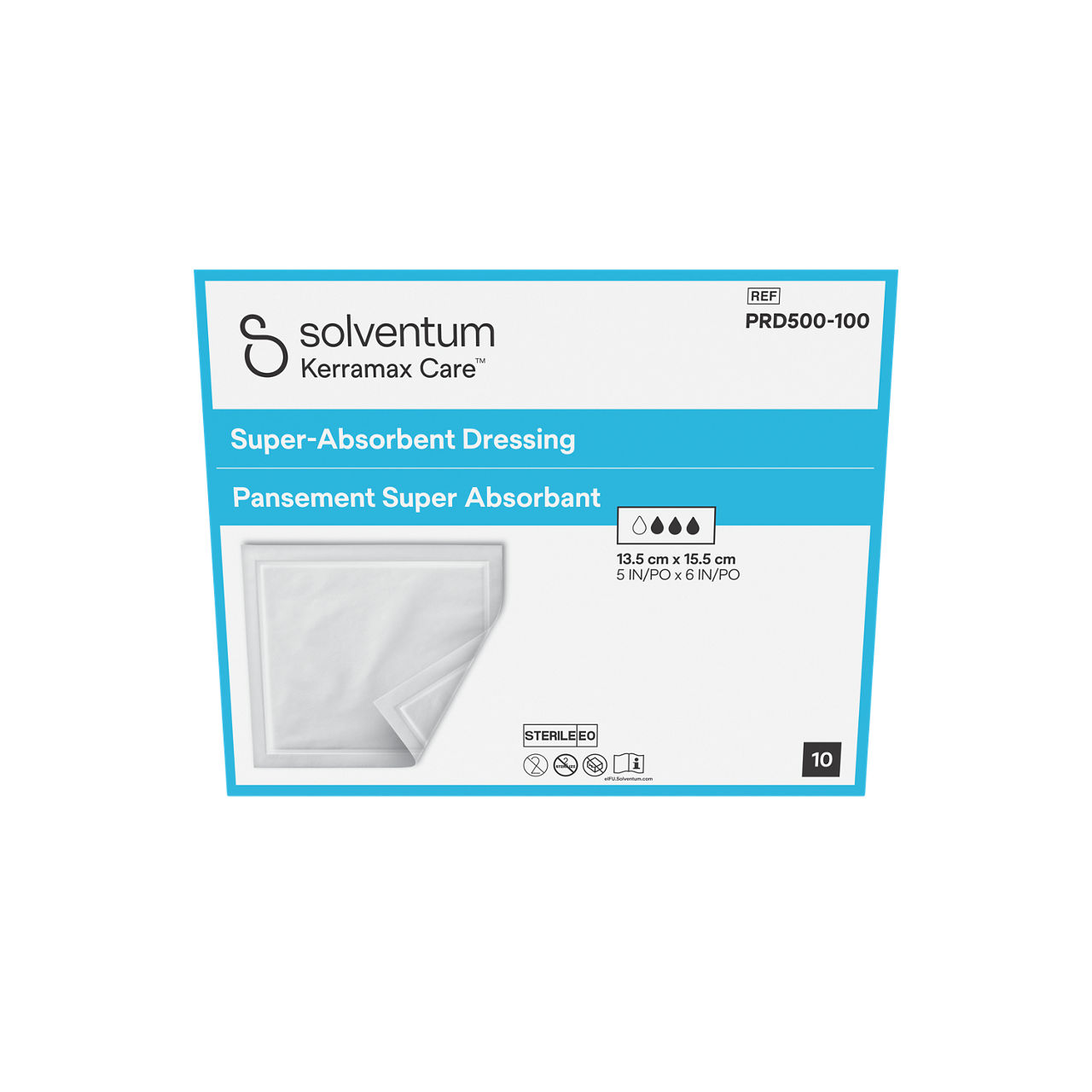 Solventum™ Kerramax Care™ Super-absorbent Dressing, PRD500-100, 5 in x 6 in (13.5 cm x 15.5 cm), 10/CAR, 65 CAR/CS, 650/CS - Front, Center, In Packaging (1C1)