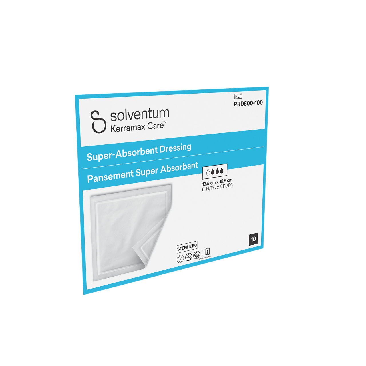 Solventum™ Kerramax Care™ Super-absorbent Dressing, PRD500-100, 5 in x 6 in (13.5 cm x 15.5 cm), 10/CAR, 65 CAR/CS, 650/CS - Front, Left, In Packaging (1L1)