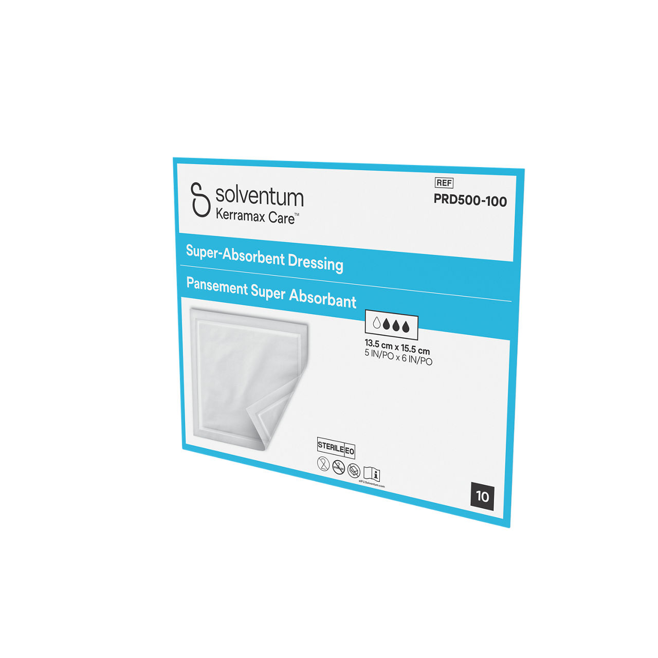 Solventum™ Kerramax Care™ Super-absorbent Dressing, PRD500-100, 5 in x 6 in (13.5 cm x 15.5 cm), 10/CAR, 65 CAR/CS, 650/CS - Front, Right, In Packaging (1R1)