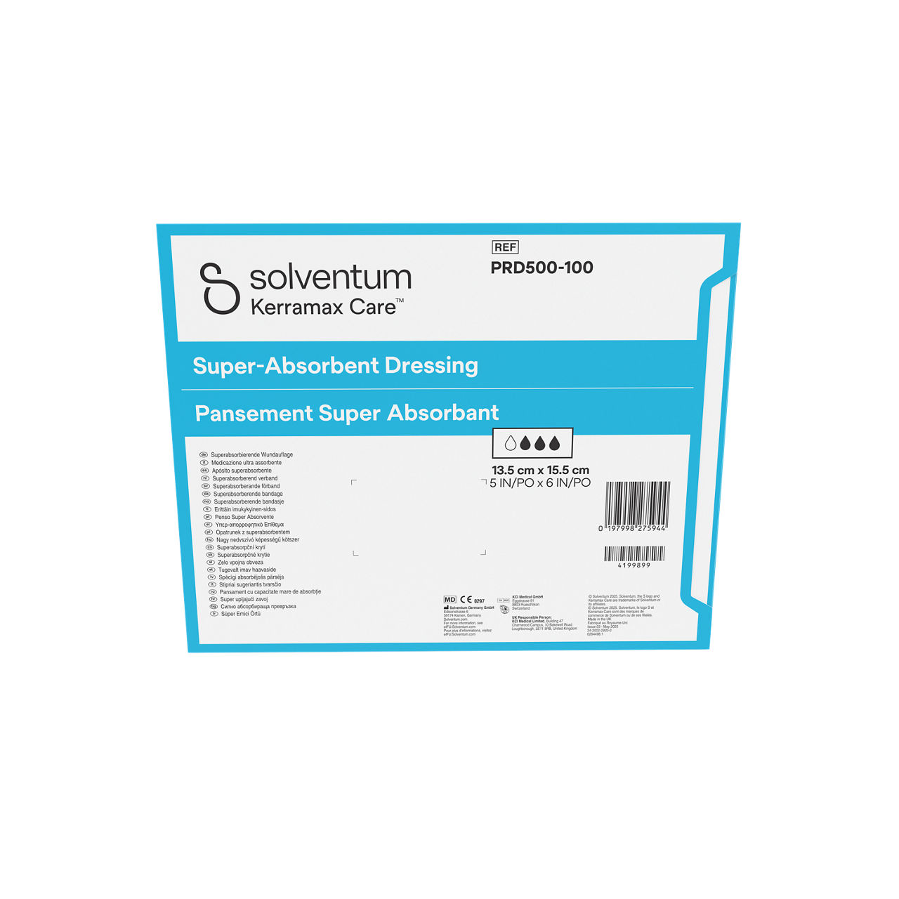 Solventum™ Kerramax Care™ Super-absorbent Dressing, PRD500-100, 5 in x 6 in (13.5 cm x 15.5 cm), 10/CAR, 65 CAR/CS, 650/CS - Back, Center, In Packaging (7C1)