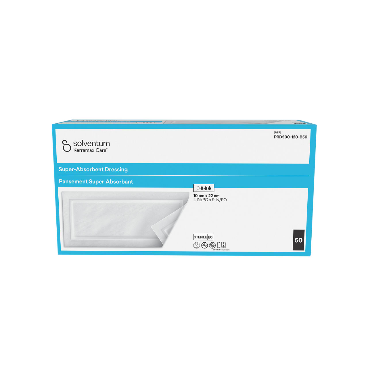 Solventum™ Kerramax Care™ Pansament Super Absorbant, PRD500-120-B50, 10 cm x 22 cm (4 IN/PO x 9 IN/PO), 50/CAR
