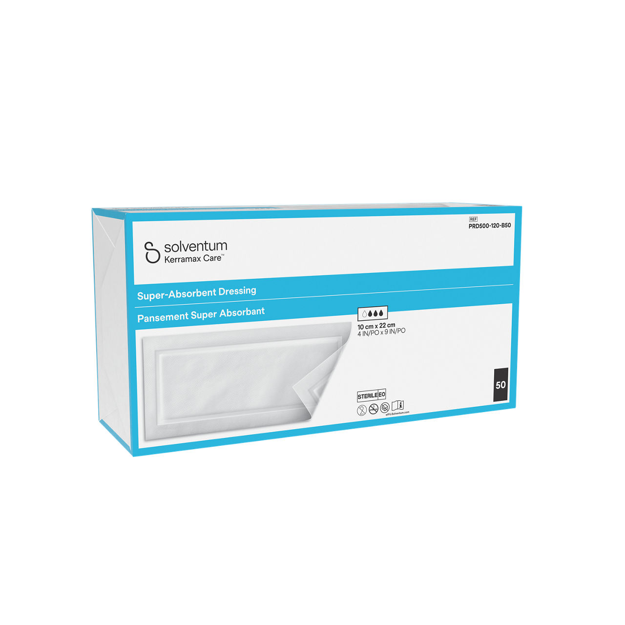Solventum™ Kerramax Care™ Super-absorbent Dressing, PRD500-120-B50, 4 in x 9 in (10 cm x 22 cm), 50/CAR, 12 CAR/CS, 600/CS - Front, Left, In Packaging (1L1)