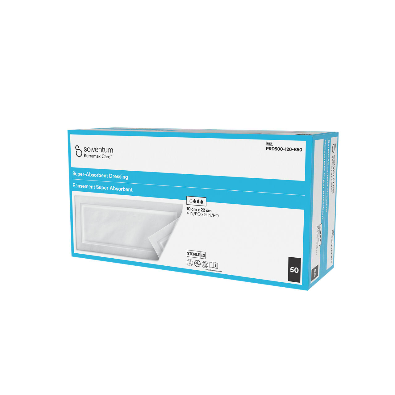 Solventum™ Kerramax Care™ Super-absorbent Dressing, PRD500-120-B50, 4 in x 9 in (10 cm x 22 cm), 50/CAR, 12 CAR/CS, 600/CS - Front, Right, In Packaging (1R1)