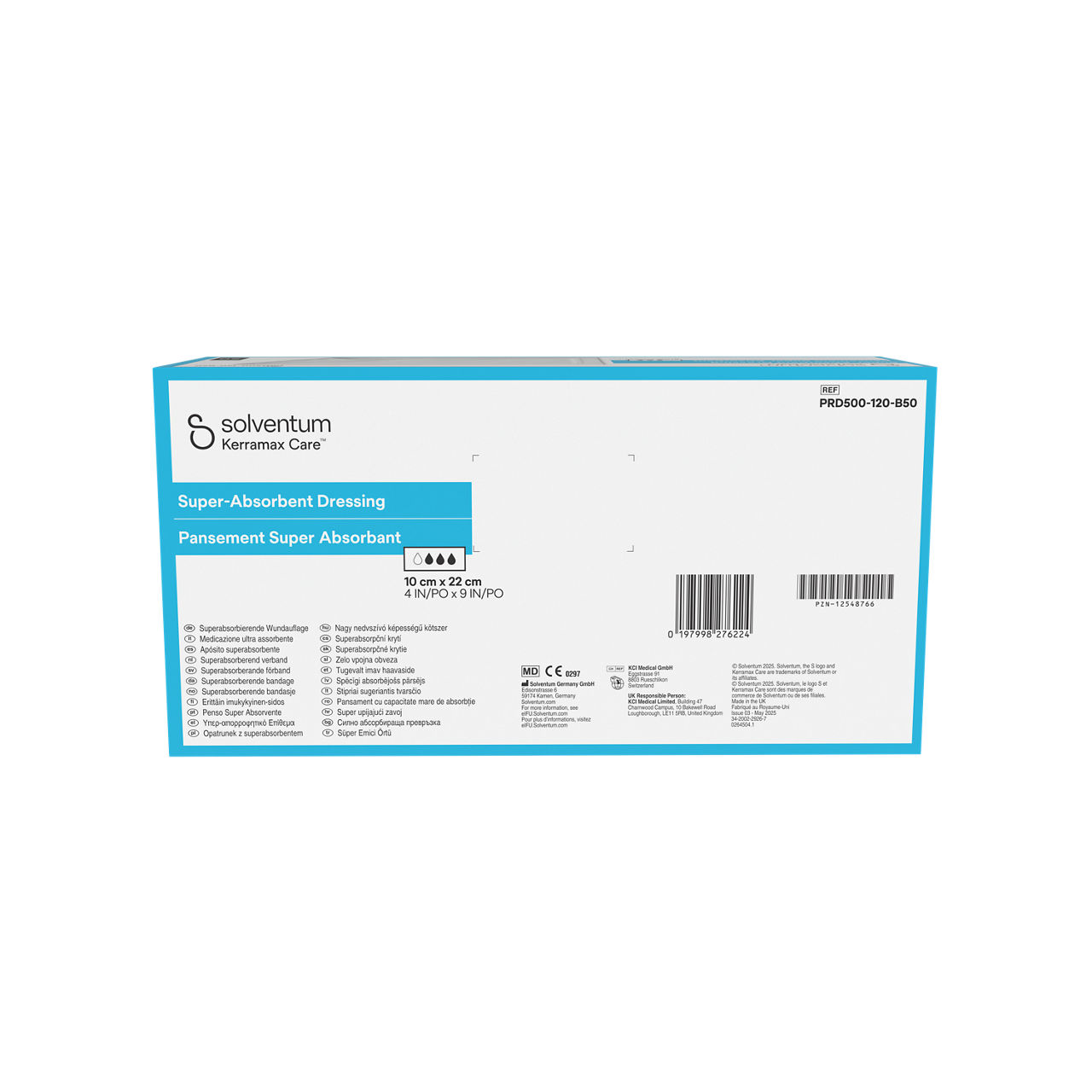Solventum™ Kerramax Care™ Super-absorbent Dressing, PRD500-120-B50, 4 in x 9 in (10 cm x 22 cm), 50/CAR, 12 CAR/CS, 600/CS - Back, Center, In Packaging (7C1)