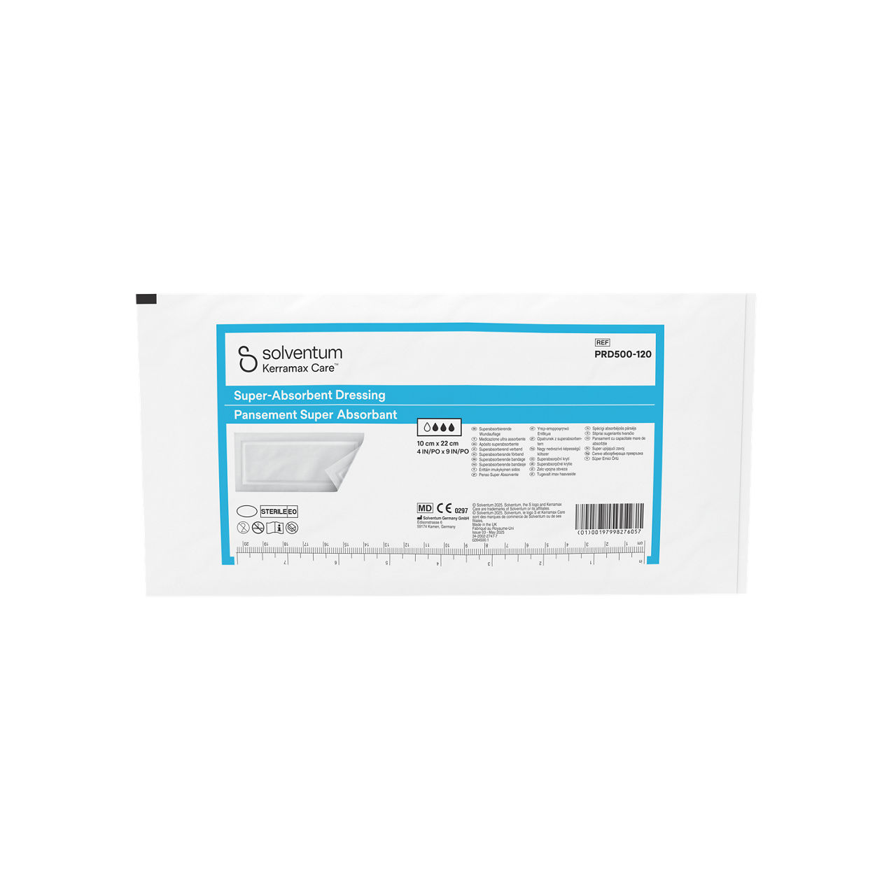 Solventum™ Kerramax Care™ Super-absorbent Dressing, PRD500-120, 4 in x 9 in (10 cm x 22 cm), 10/CAR, 70 CAR/CS, 700/CS - Front, Center, Out of Packaging (1C0)