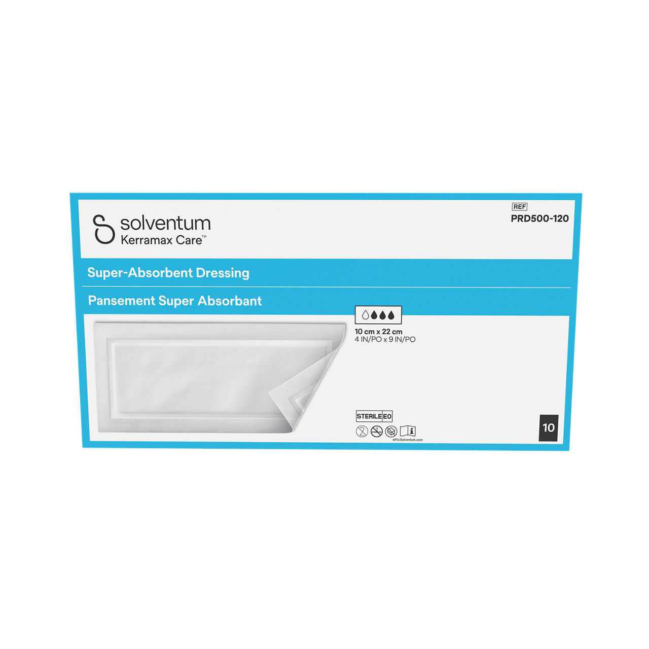 Solventum™ Kerramax Care™ Super-absorbent Dressing, PRD500-120, 4 in x 9 in (10 cm x 22 cm), 10/CAR, 70 CAR/CS, 700/CS - Front, Center, In Packaging (1C1)