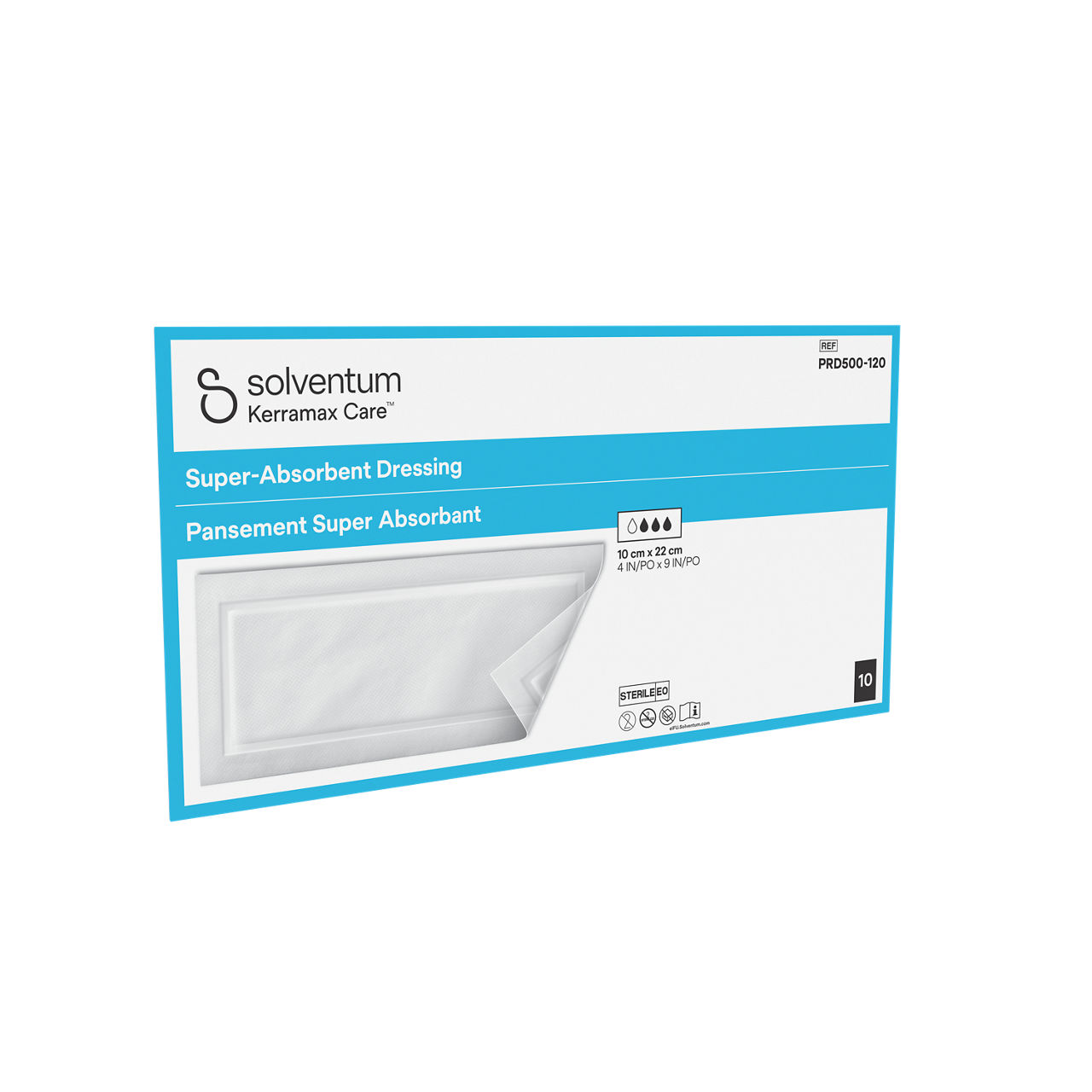 Solventum™ Kerramax Care™ Super-absorbent Dressing, PRD500-120, 4 in x 9 in (10 cm x 22 cm), 10/CAR, 70 CAR/CS, 700/CS - Front, Left, In Packaging (1L1)