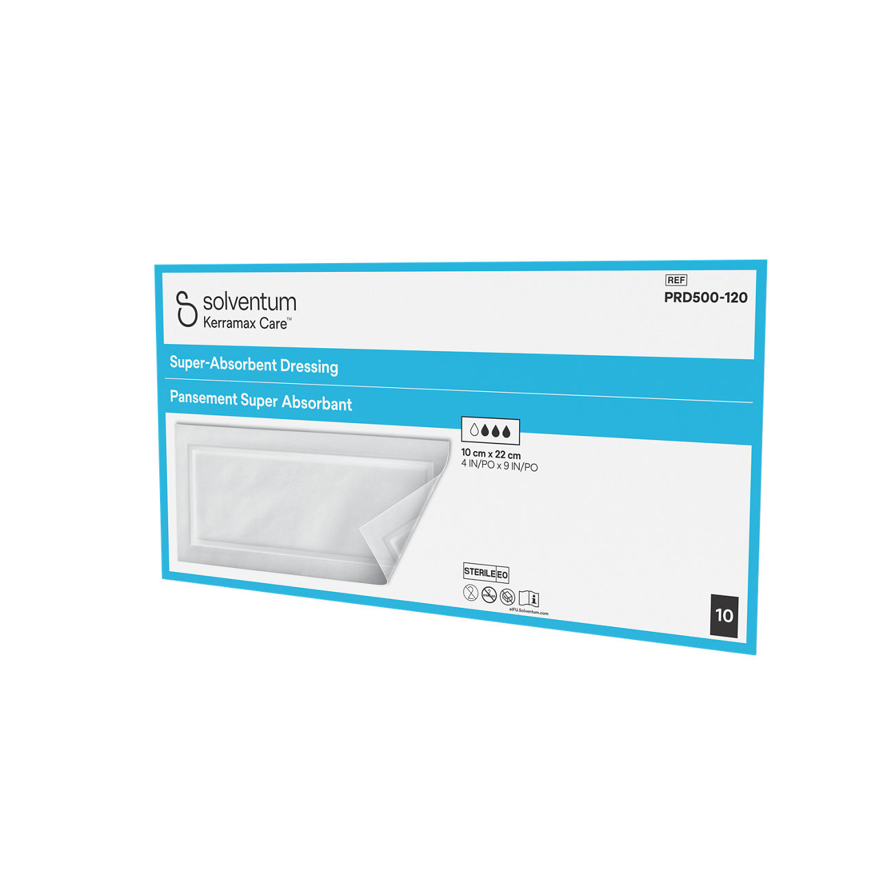 Solventum™ Kerramax Care™ Super-absorbent Dressing, PRD500-120, 4 in x 9 in (10 cm x 22 cm), 10/CAR, 70 CAR/CS, 700/CS - Front, Right, In Packaging (1R1)