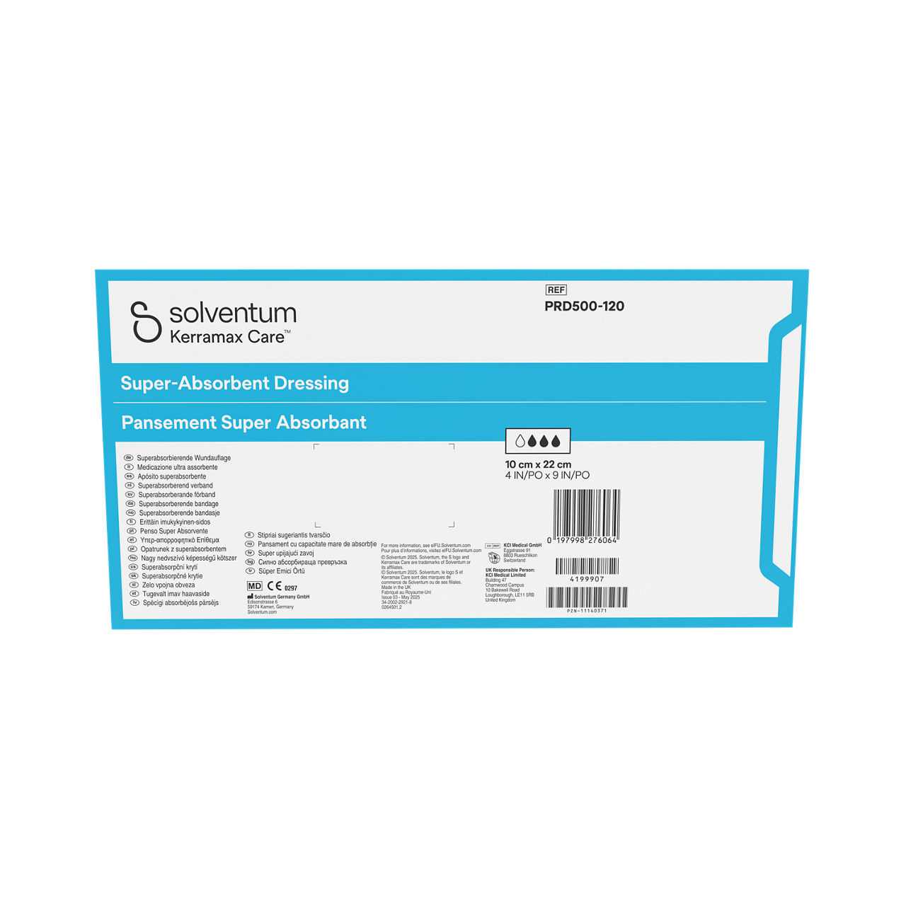 Solventum™ Kerramax Care™ Super-absorbent Dressing, PRD500-120, 4 in x 9 in (10 cm x 22 cm), 10/CAR, 70 CAR/CS, 700/CS - Back, Center, In Packaging (7C1)