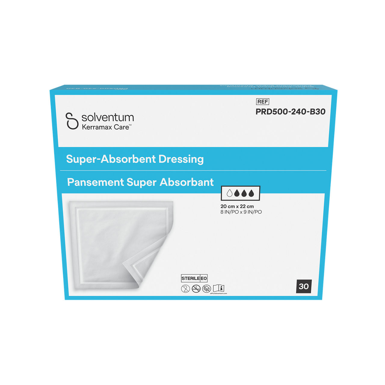 Solventum™ Kerramax Care™ Pansament Super Absorbant, PRD500-240-B30, 20 cm x 22 cm (8 IN/PO x 9 IN/PO), 30/CAR