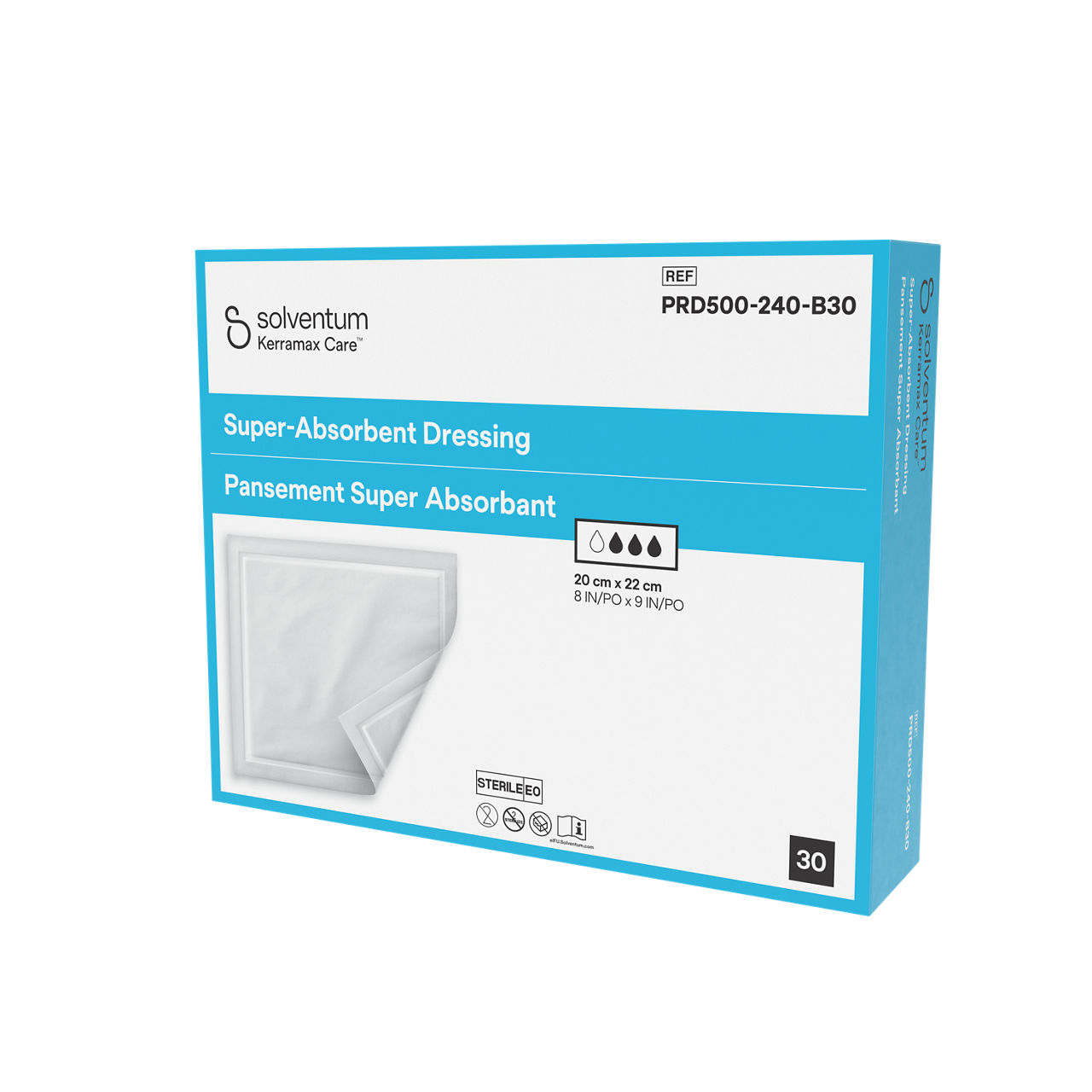 Solventum™ Kerramax Care™ Super-absorbent Dressing, PRD500-240-B30, 8 in x 9 in (20 cm x 22 cm), 30/CAR, 12 CAR/CS, 360/CS - Front, Right, In Packaging (1R1)