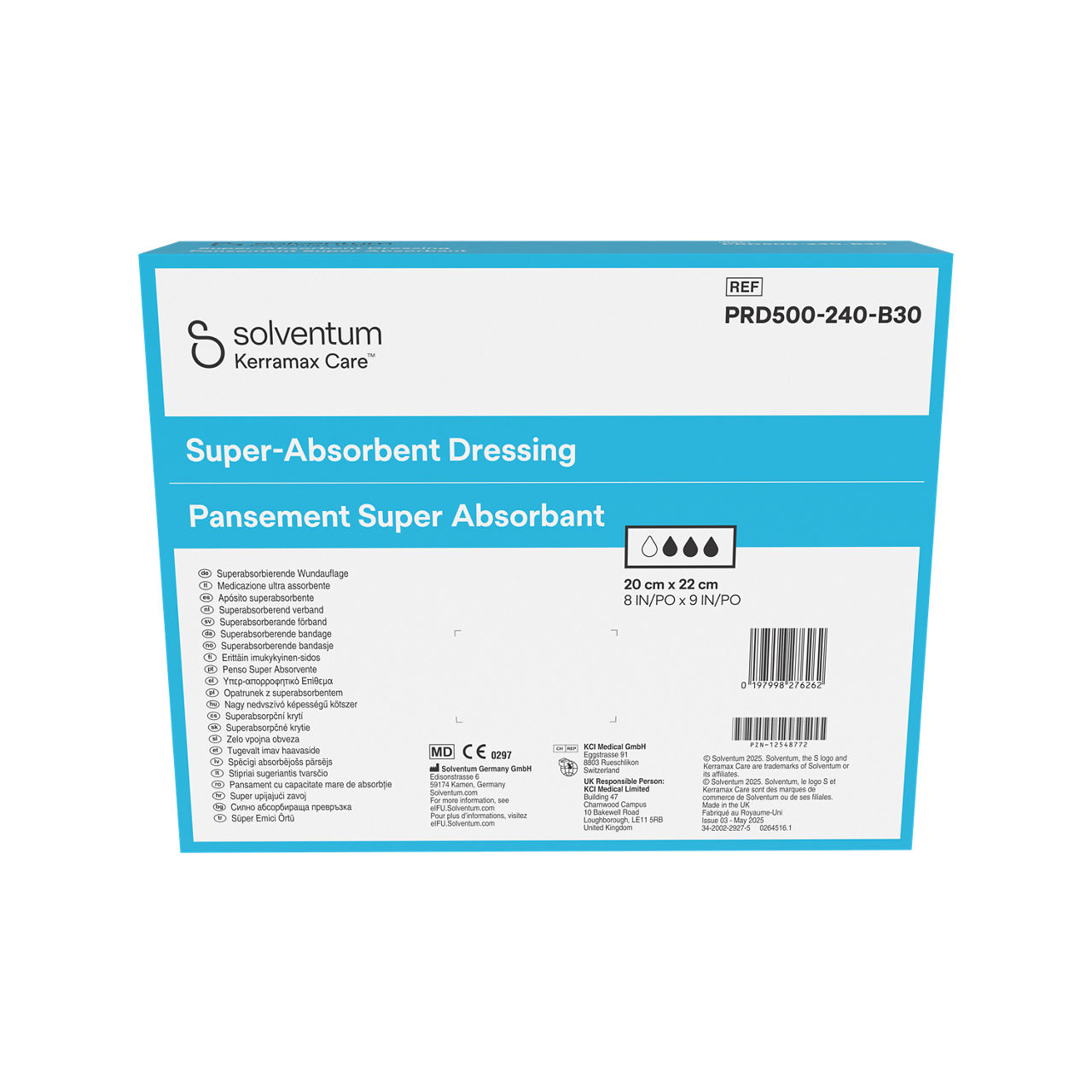 Solventum™ Kerramax Care™ Super-absorbent Dressing, PRD500-240-B30, 8 in x 9 in (20 cm x 22 cm), 30/CAR, 12 CAR/CS, 360/CS - Back, Center, In Packaging (7C1)