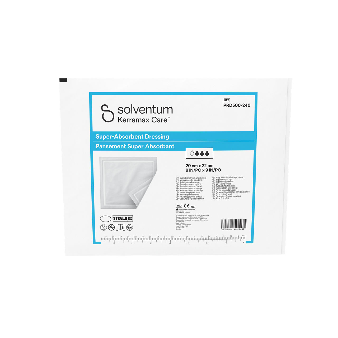 Solventum™ Kerramax Care™ Super-Absorbent Dressing, PRD500-240, 20 cm x 22 cm (8 IN/PO x 9 IN/PO), 10/CAR