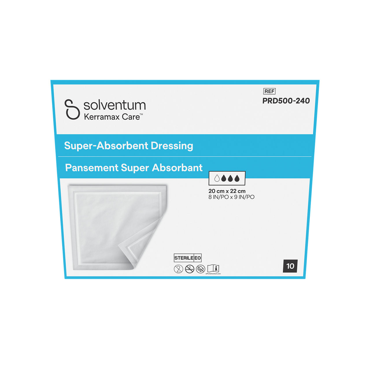 Solventum™ Kerramax Care™ Super-absorbent Dressing, PRD500-240, 8 in x 9 in (20 cm x 22 cm), 10/CAR, 38 CAR/CS, 380/CS - Front, Center, In Packaging (1C1)