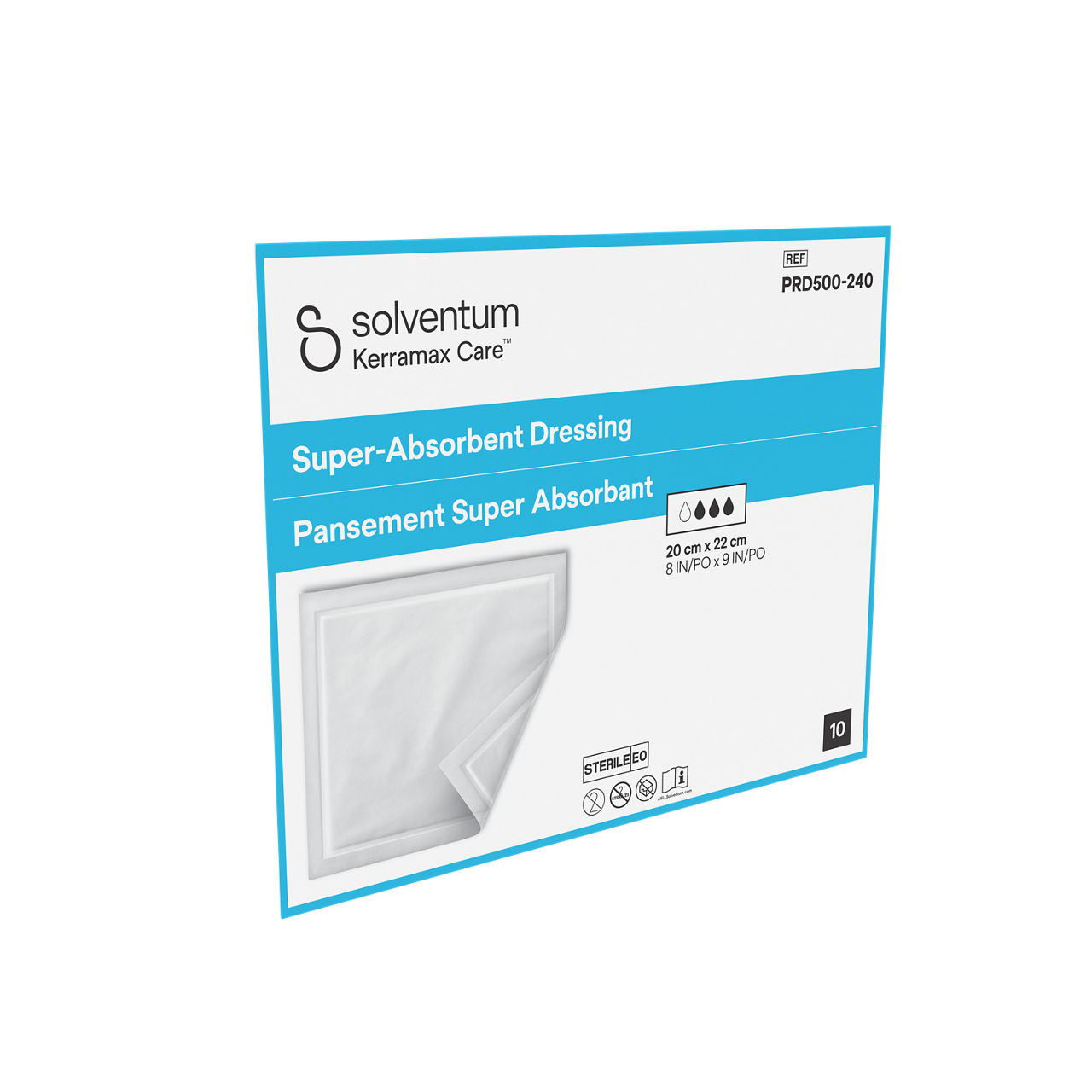 Solventum™ Kerramax Care™ Super-absorbent Dressing, PRD500-240, 8 in x 9 in (20 cm x 22 cm), 10/CAR, 38 CAR/CS, 380/CS - Front, Left, In Packaging (1L1)