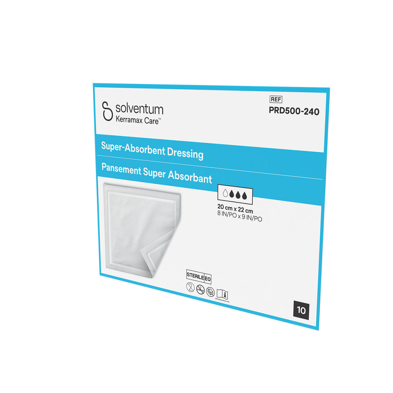 Solventum™ Kerramax Care™ Super-absorbent Dressing, PRD500-240, 8 in x 9 in (20 cm x 22 cm), 10/CAR, 38 CAR/CS, 380/CS - Front, Right, In Packaging (1R1)