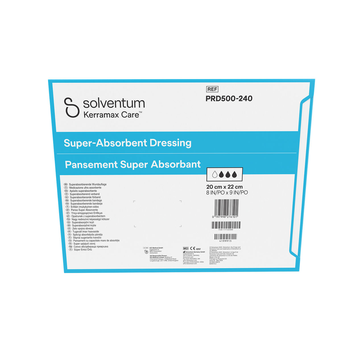 Solventum™ Kerramax Care™ Super-absorbent Dressing, PRD500-240, 8 in x 9 in (20 cm x 22 cm), 10/CAR, 38 CAR/CS, 380/CS - Back, Center, In Packaging (7C1)