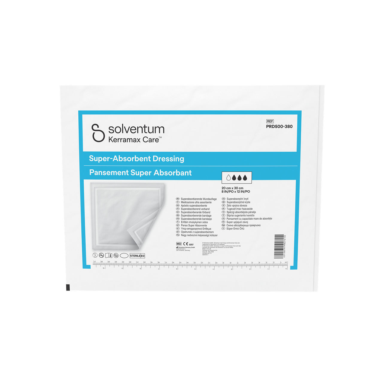 Solventum™ Kerramax Care™ Super-absorbent Dressing, PRD500-380-B10, 8 in x 12 in (20 cm x 30 cm), 10/CAR, 24 CAR/CS, 240/CS - Front, Center, Out of Packaging (1C0)