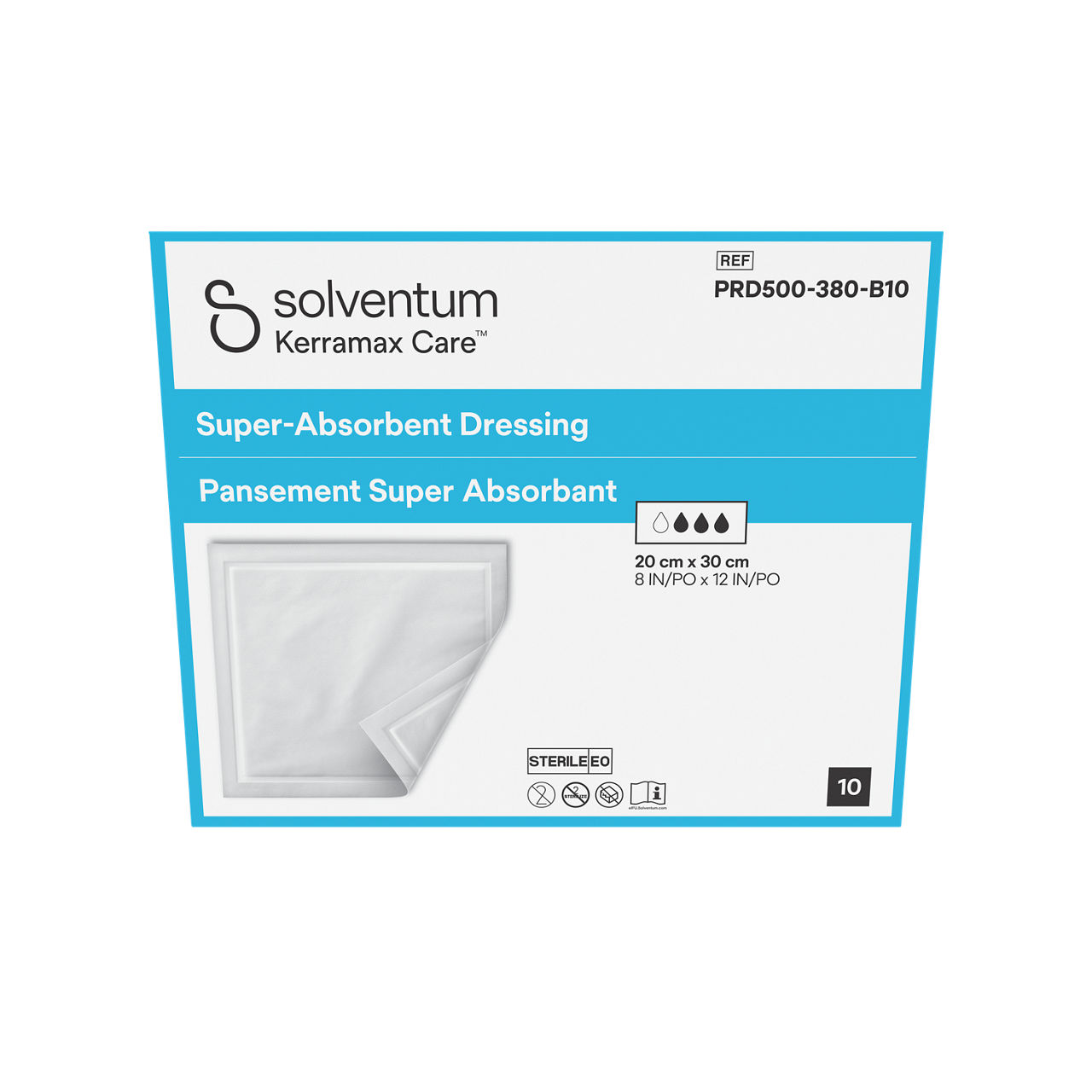 Solventum™ Kerramax Care™ Super-absorbent Dressing, PRD500-380-B10, 8 in x 12 in (20 cm x 30 cm), 10/CAR, 24 CAR/CS, 240/CS - Front, Center, In Packaging (1C1)