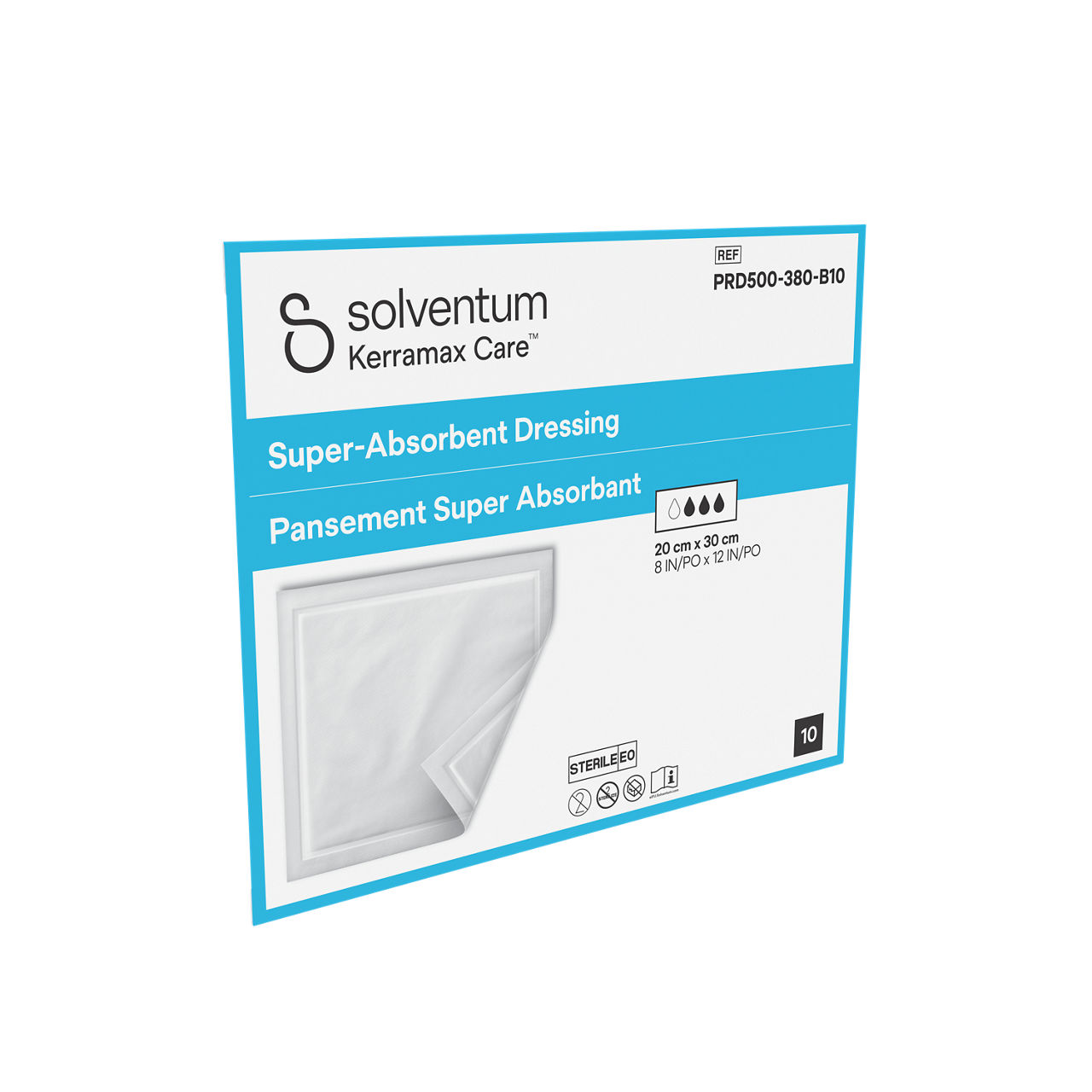 Solventum™ Kerramax Care™ Super-absorbent Dressing, PRD500-380-B10, 8 in x 12 in (20 cm x 30 cm), 10/CAR, 24 CAR/CS, 240/CS - Front, Left, In Packaging (1L1)
