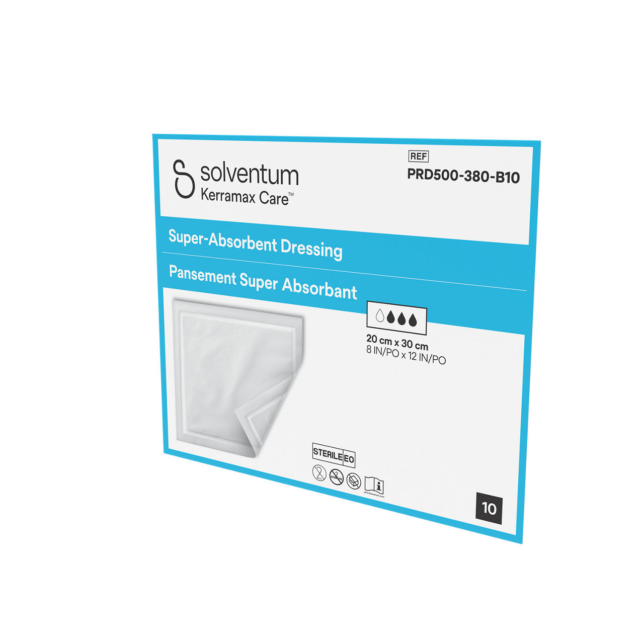 Solventum™ Kerramax Care™ Super-absorbent Dressing, PRD500-380-B10, 8 in x 12 in (20 cm x 30 cm), 10/CAR, 24 CAR/CS, 240/CS - Front, Right, In Packaging (1R1)