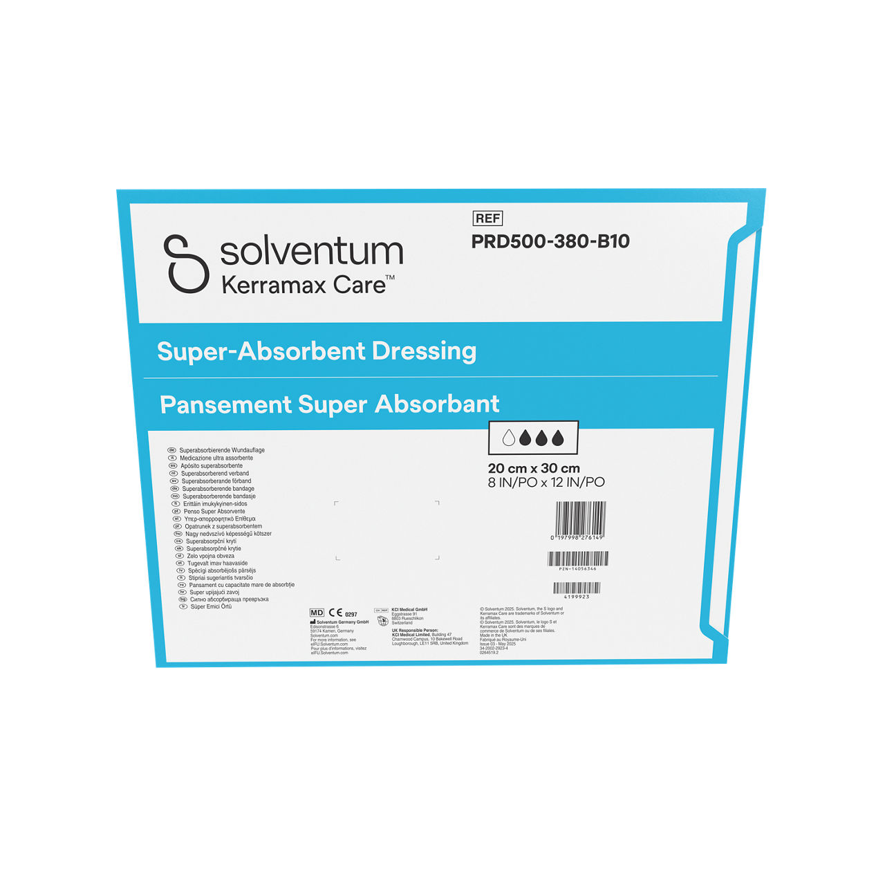 Solventum™ Kerramax Care™ Super-absorbent Dressing, PRD500-380-B10, 8 in x 12 in (20 cm x 30 cm), 10/CAR, 24 CAR/CS, 240/CS - Back, Center, In Packaging (7C1)