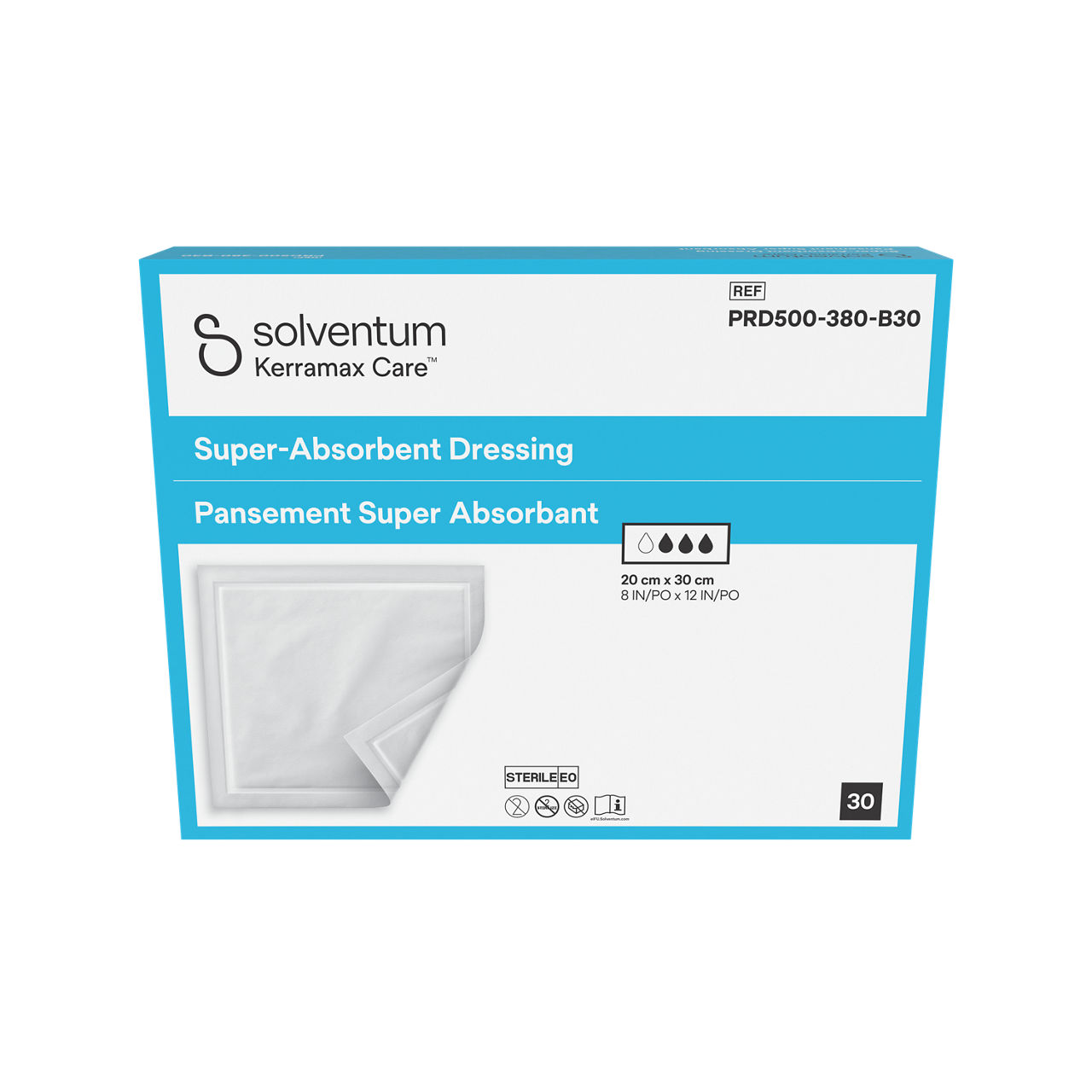 Solventum™ Kerramax Care™ Superabsorberande förband, PRD500-380-B30, 20 cm x 30 cm (8 IN/PO x 12 IN/PO), 30/CAR