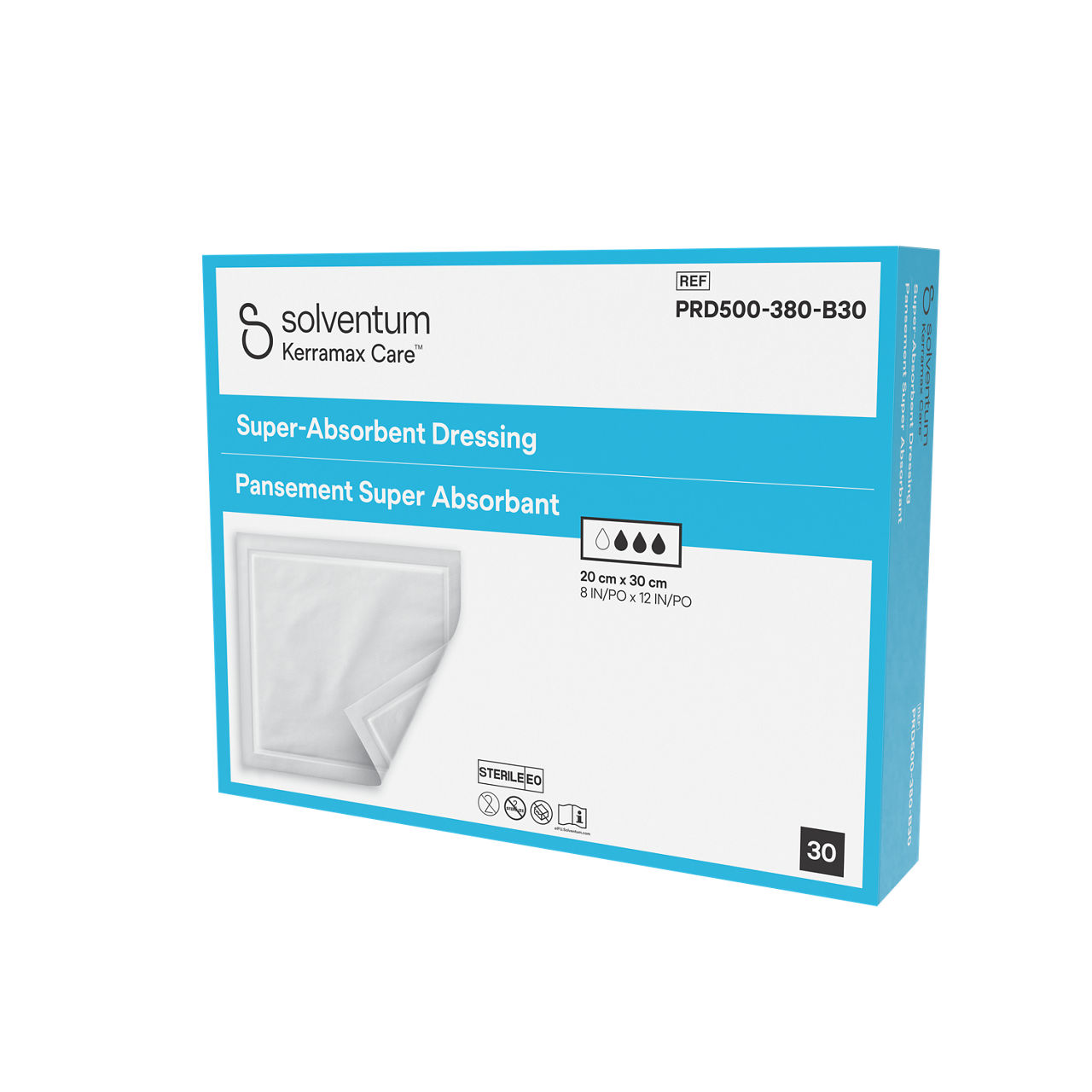 Solventum™ Kerramax Care™ Super-absorbent Dressing, PRD500-380-B30, 8 in x 12 in (20 cm x 30 cm), 30/CAR, 8 CAR/CS, 240/CS - Front, Right, In Packaging (1R1)