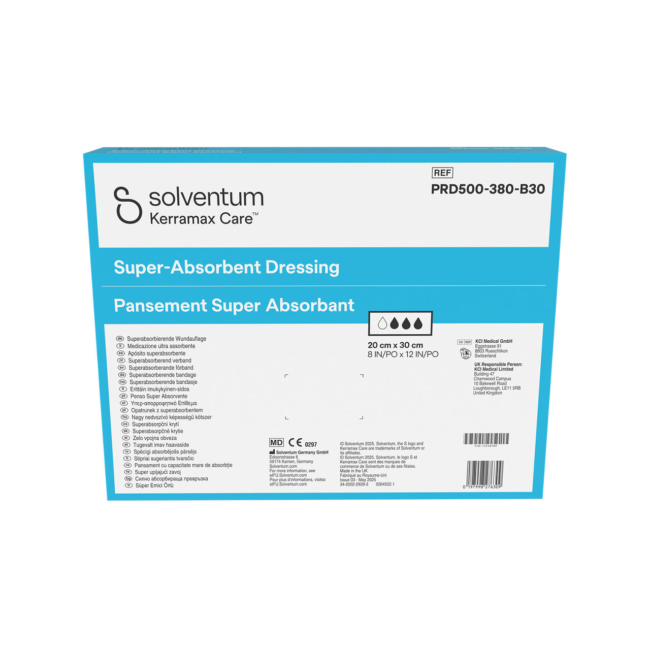 Solventum™ Kerramax Care™ Super-absorbent Dressing, PRD500-380-B30, 8 in x 12 in (20 cm x 30 cm), 30/CAR, 8 CAR/CS, 240/CS - Back, Center, In Packaging (7C1)