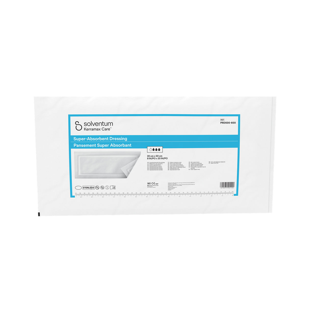 Solventum™ Kerramax Care™ Super-absorbent Dressing, PRD500-600-B10, 8 in x 20 in (20 cm x 50 cm), 10/CAR, 15 CAR/CS, 150/CS - Front, Center, Out of Packaging (1C0)