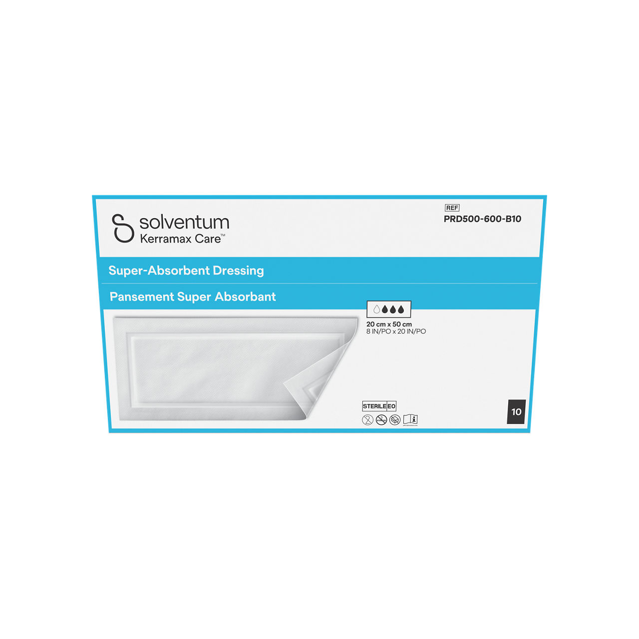 Solventum™ Kerramax Care™ Super-absorbent Dressing, PRD500-600-B10, 8 in x 20 in (20 cm x 50 cm), 10/CAR, 15 CAR/CS, 150/CS - Front, Center, In Packaging (1C1)