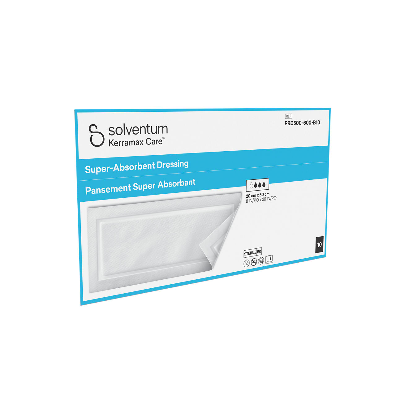Solventum™ Kerramax Care™ Super-absorbent Dressing, PRD500-600-B10, 8 in x 20 in (20 cm x 50 cm), 10/CAR, 15 CAR/CS, 150/CS - Front, Left, In Packaging (1L1)