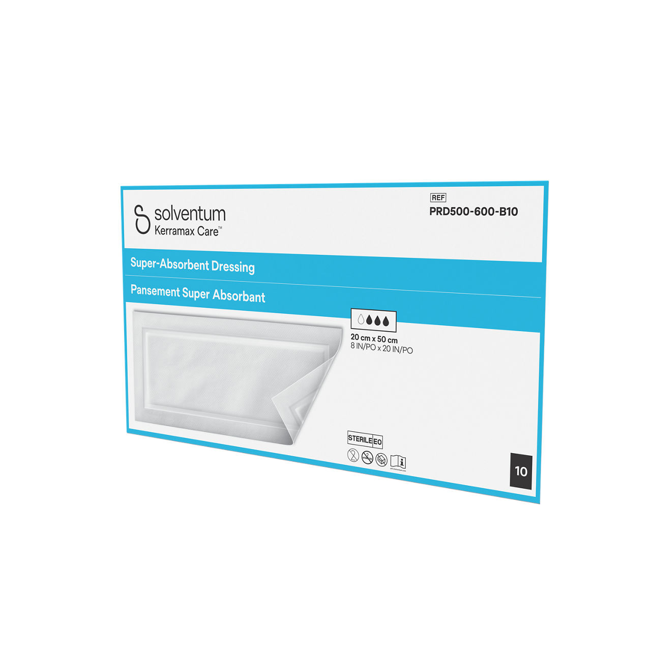 Solventum™ Kerramax Care™ Super-absorbent Dressing, PRD500-600-B10, 8 in x 20 in (20 cm x 50 cm), 10/CAR, 15 CAR/CS, 150/CS - Front, Right, In Packaging (1R1)