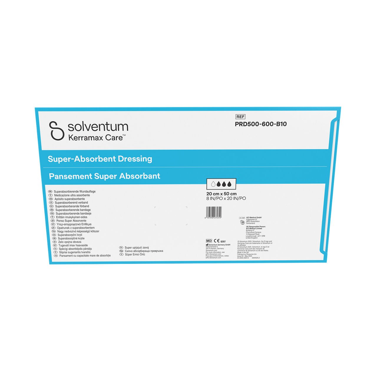 Solventum™ Kerramax Care™ Super-absorbent Dressing, PRD500-600-B10, 8 in x 20 in (20 cm x 50 cm), 10/CAR, 15 CAR/CS, 150/CS - Back, Center, In Packaging (7C1)