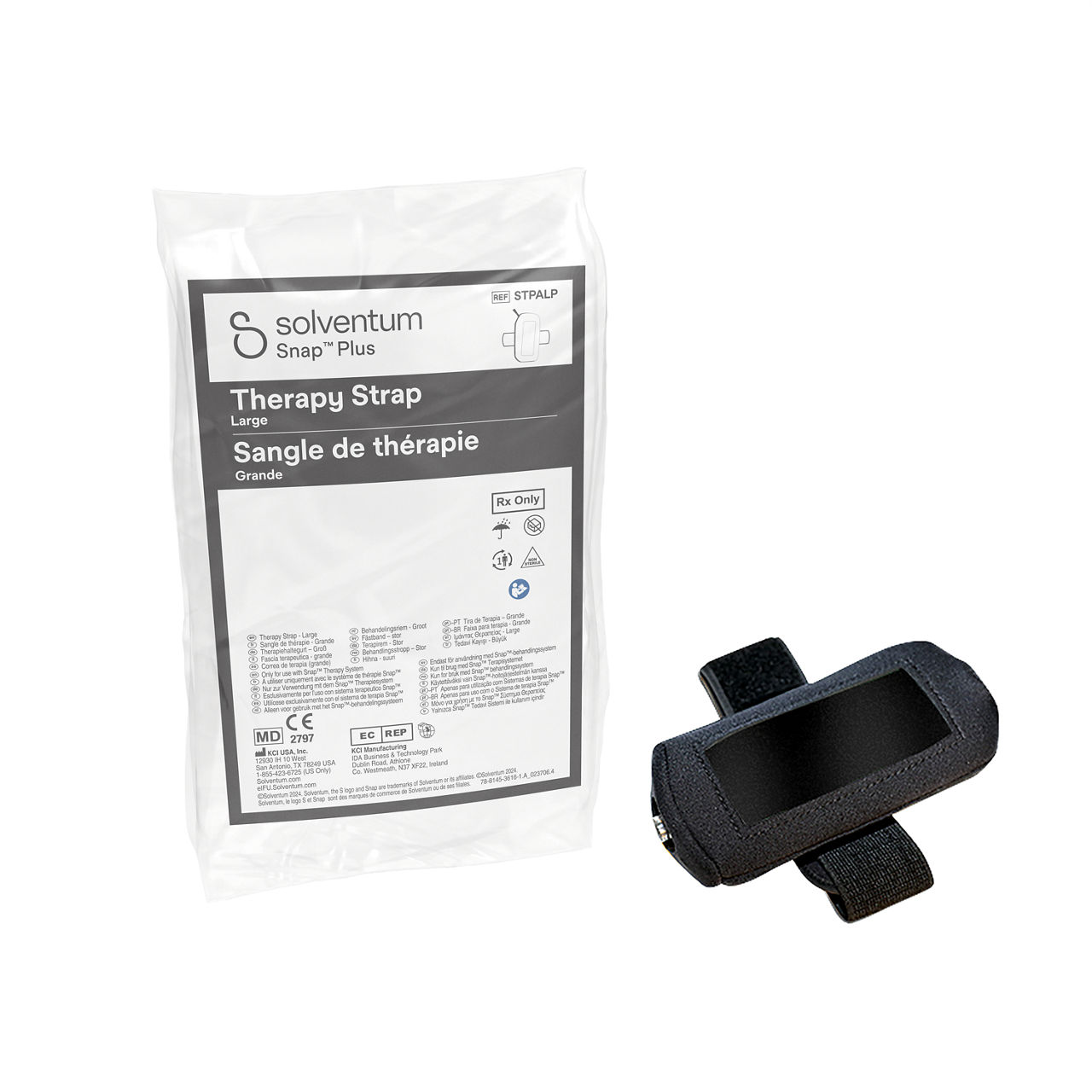 Solventum™ Snap™ Plus Therapy Strap, STPALPV004, Large, Athlone, IH1078249, BSI MDR, SLV RB - Front, Left, In and Out of Packaging (1L10)