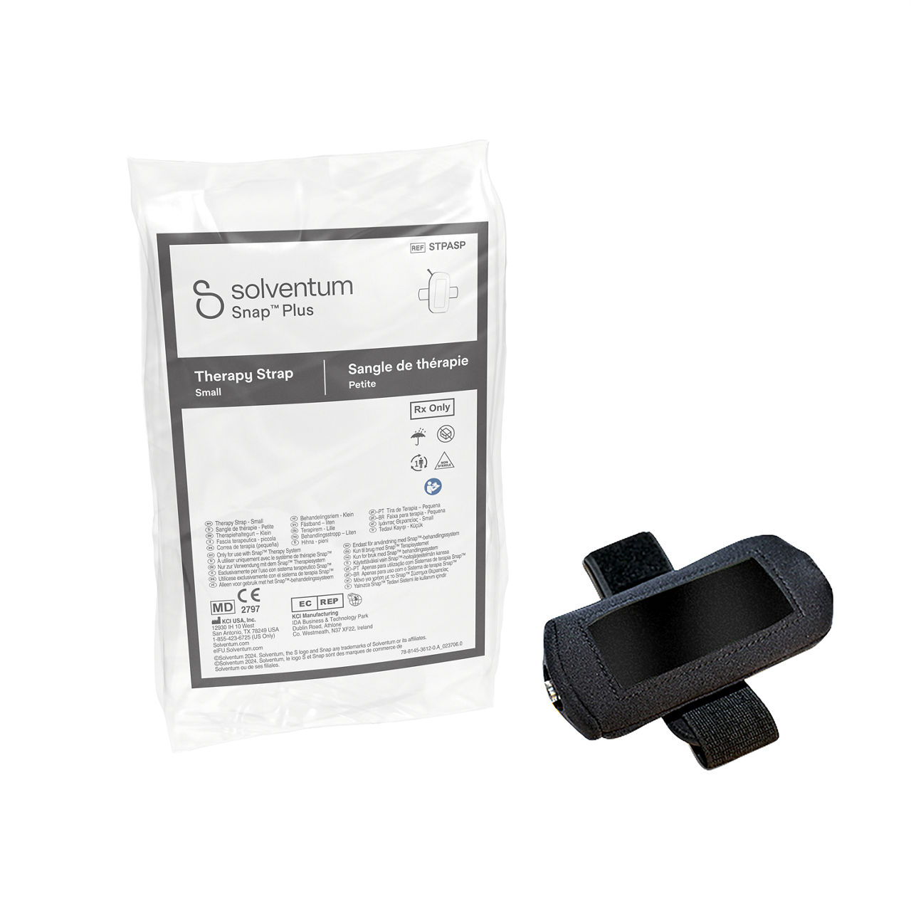 Solventum™ Snap™ Plus Therapy Strap, STPASPV004, Small, Anthlone, IH1078249, BSI MDR, SLV RB - Front, Left, In and Out of Packaging (1L10)