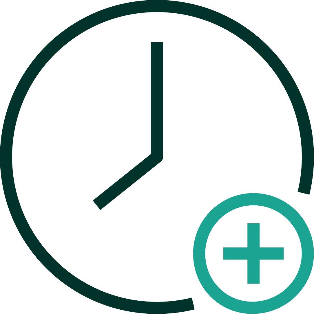Una representación iconográfica de un reloj con un símbolo de adición alojado en un círculo ubicado en la parte inferior derecha del reloj. Paleta de colores verde oscuro y verde azulado medio positivo.